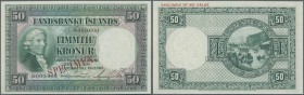 Iceland: 50 Kronur 1956 Specimen P. 34s, ”cancelled” perforation, specimen overprint, zero serial numbers, light wavy paper at lower border, light cor...