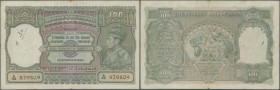 India: 100 Rupees ND(1937-43) MADRAS issue P. 20o, used with folds, 3 larger pinholes at left, small writings on the note, stronger center fold but st...