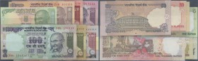 India: set of 7 notes from 5 to 1000 Rupees 2012 P. 94A to 100, all with interesting serial numbers, containing: 30d111111, 71B111111, 69F111111, 4DS1...