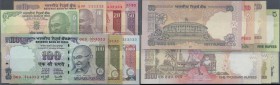 India: set of 7 notes from 5 to 1000 Rupees 2012 P. 94A to 100, all with interesting serial numbers, containing: 65A333333, 69W333333, 63D333333, 4CG3...