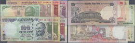 India: set of 7 notes from 5 to 1000 Rupees 2012 P. 94A to 100, all with interesting serial numbers, containing: 83M666666, 72T666666, 33E666666, 8GK6...