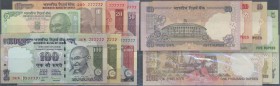 India: set of 7 notes from 5 to 1000 Rupees 2012 P. 94A to 100, all with interesting serial numbers, containing: 69K777777, 20D777777, 14F777777, 4CL7...