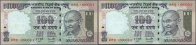 India: et of 10 notes 100 Rupees 2009 P. 98 all with interesting serial number containing all notes consecutive from 8WH000001 to 8WH000010, the first...