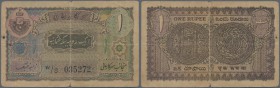 India: Princely States of Hyderabad 1 Rupee ND(1946-53) P. S272c, used with stronger ceter fold causing a 1cm tear at lower border along the fold, pin...