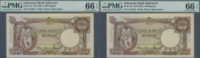 Indonesia: set of 2 consecutive notes 500 Rupiah ND(1957) P. 52 with serial numbers SA3424 and SA3425, both graded as: PMG 66 Gem UNC EPQ. (2 pcs)