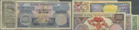 Indonesia: set with 7 Banknotes series 1959 with 5, 10, 25, 50, 100, 500 and 1000 Rupiah, P.65-71 in different conditions from about Fine to aUNC (7 p...
