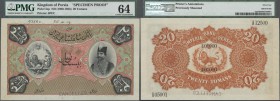 Iran: very rare Kingdom of Persia 20 Tomans ND(1890-1923) Specimen Proof P. 5sp, printers annotations at borders, ”Cancelled” perforation at lower bor...