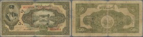 Iran: Bank Melli Iran 50 Rials SH1311, P.21, highly rare note in almost well worn condition with several border tears and tiny missing parts at upper ...