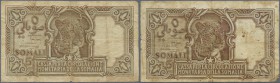Italian Somaliland: Pair of the 5 Somali 1951, P.16, both almost well worn, but even in this condition a rare note with some folds and stains, small t...