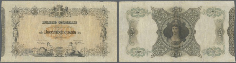 Italy: 250 Lire 1874 P. 8, highly rare note, several folds in paper, slight stai...