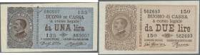 Italy: Set of 2 different notes containing 1 Lira L.1914 P. 36a (2 pinholes with rust trace, light handling and corner folding, strong paper, VF-) and...