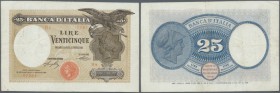 Italy: 25 Lire 1918/1919 P. 42a, more rare earlier type, several folds and creases in paper, pressed but does not smell washed, some very tiny border ...