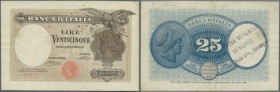 Italy: 25 Lire 1918/1919 P. 42b, seldom seen issue, this one is vertically and horizontally folded, pressed but does not smell washed, ink dots at upp...