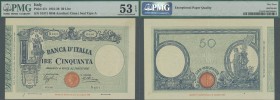Italy: 50 Lire 1934 with signature Azzolini and Cima, P.47c, soft vertical bend at center and lightly toned paper, PMG graded 53 About Uncirculated EP...