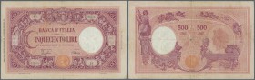 Italy: 500 Lire 1943 P. 69, used with stronger folds and creases, center hole, no tears, condition: F-.