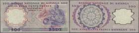 Katanga: 500 Francs April 17th 1962, P.13, vertically folded, some other minor creases in the paper and a few stains. Condition: F+