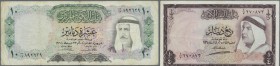 Kuwait: 1/4 Dinar L.1960 P.1 in F+ and 10 Dinars L.1968, P.10 in F- with graffiti and stains (2 pcs.)