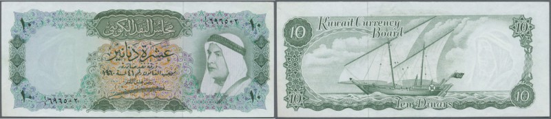 Kuwait: 10 Dinars L.1960 P. 5 in usual crisp and original condition and very rar...