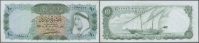 Kuwait: 10 Dinars L.1960 P. 5 in usual crisp and original condition and very rare issue. The note was never folded and has no holes but a 0,5 cm tear ...