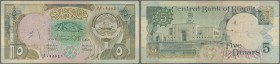 Kuwait: 5 Dinars 1968 P. 20, used with folds and creases, pen writing at left, no holes or tears, condition: F.