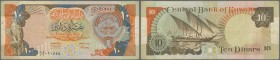 Kuwait: 10 Dinars 1968 P. 21, used with folds and creases, no holes or tears, condition: F.