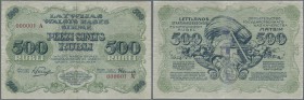 Latvia: 500 Rubli 1920 P. 8a, ultra rare and unique - with serial number 000001 A - the first note ever issued for this type of note. Signed Purins, n...