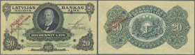 Latvia: 20 Latu 1925 SPECIMEN P. 17s, rare with PARAUGS overprint, w/o serial numbers, sign. Kalnings, 2 cancellation holes, only very light handling ...