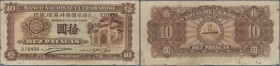 Macau: 10 Patacas 1945 P. 30, used with folds and stain in paper, left and upper border at bit worn, no repairs, condition: F- to F.