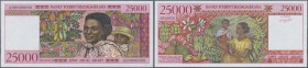 Madagascar: 25.000 Francs ND(1998) rare Specimen type without watermark, without security foil stripe on front, zero serial numbers, never seen before...