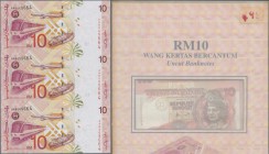 Malaysia: set of 2 uncut sheets of 3 notes each 10 Ringgit ND P. 38 and 10 Ringgitt ND P. 42, in original Bank folder, condition: UNC (2 sheets, 6 not...