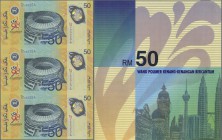 Malaysia: uncut sheet of 3 pcs 50 Ringgit Polymer ND P. 45 in original folder from the central bank in condition: UNC.