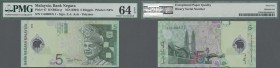 Malaysia: 5 Ringgit ND(2004) Polymer P. 47 with interesting serial number #CA000011 in condition: PMG graded 64 Choice UNC EPQ.