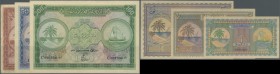 Maldives: very rare set of the first issue of the Maldivian State Treasury comprising 1, 2, 5, 50, 100 Rupees 1960 and 10 Rupees 1947, P.2b, 3b, 4b, 5...
