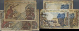 Mali: set with 6 Banknotes comprising 3 x 5000 Francs ND(1972-84) and 3 x 10.000 Francs ND(1970-84), P.14e, 15e,f, all in well worn condition with yel...