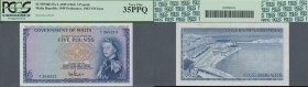 Malta: 5 Pounds L.1949 (1961), P.27a, vertically folded with tiny spots at upper margin on back and some other minor creases in the paper, PCGS graded...