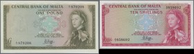 Malta: 10 Shillings and 1 Pound L.1968, P.28, 29 in UNC (2 pcs.)
