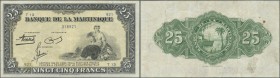 Martinique: 25 Francs 1943 P. 17, pressed, minor pinholes, light staining at lower left, still nice colors and strongness in paper, condition: VF pres...