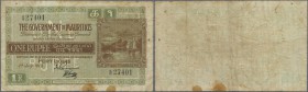 Mauritius: 1 Rupee July 1st 1919, P.19, highly rare note with toned paper, some folds and a few stains. Condition: F-