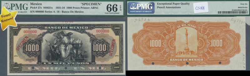Mexico: 1000 Pesos ND(1931-34) Specimen P. 27s, PMG graded 66 GEM UNC EPQ.