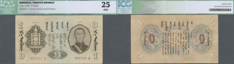 Mongolia: 1 Tugrik 1939, P.14, lightly toned paper with several folds and crease...