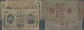 Mongolia: set with 3 Banknotes 25, 50 and 100 Tugrik 1941, so called ”Sukhe Bataar” Issue, P.25-27, all in about well worn condition with stained pape...