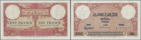 Morocco: 100 Francs 1926 P. 14 in exceptional condition for this type of note with only light folds, minor pinholes, minor boreder tears, probably pre...