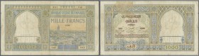 Morocco: 1000 Francs 1938, P.16c in well worn condition with a number of tears along the borders, several pinholes and staining paper. Condition: F-