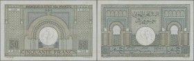 Morocco: 50 Francs 1947 P. 21, light folds and handling in paper, not washed or pressed, no holes or tears, still crisp and original colors, condition...