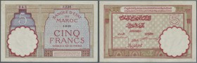 Morocco: 5 Francs 1922 P. 23Aa, light handling and light folds in paper, no holes or tears, still nice colors and crispness, condition: VF+ to XF-.
