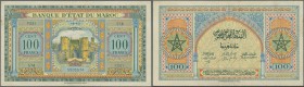 Morocco: 100 Francs 1943 P. 27 with light folds in paper, no holes or tears, crisp and bright colors, condition: VF+ to XF-.