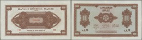 Morocco: 1000 Francs 1943 P. 28, light center fold, probably dry pressed, no holes or tears, strong paper and original colors, condition: VF+ to XF-.
