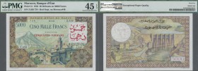 Morocco: Banque d'État du Maroc 50 Dirhams on 5000 Francs 1953, P.51, soft vertical and diagonal fold at center, tiny dint at lower left, PMG graded 4...