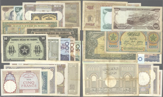 Morocco: large set of 182 banknotes containing 8x 5 Francs P. 9 (2x XF), 4x 20 f...