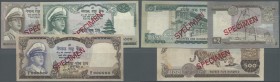Nepal: set of 3 Specimen notes containing 1, 100 and 500 Rupees ND(1972) P. 16s,19s,20s, in aUNC, XF and VF- condition. (3 pcs)